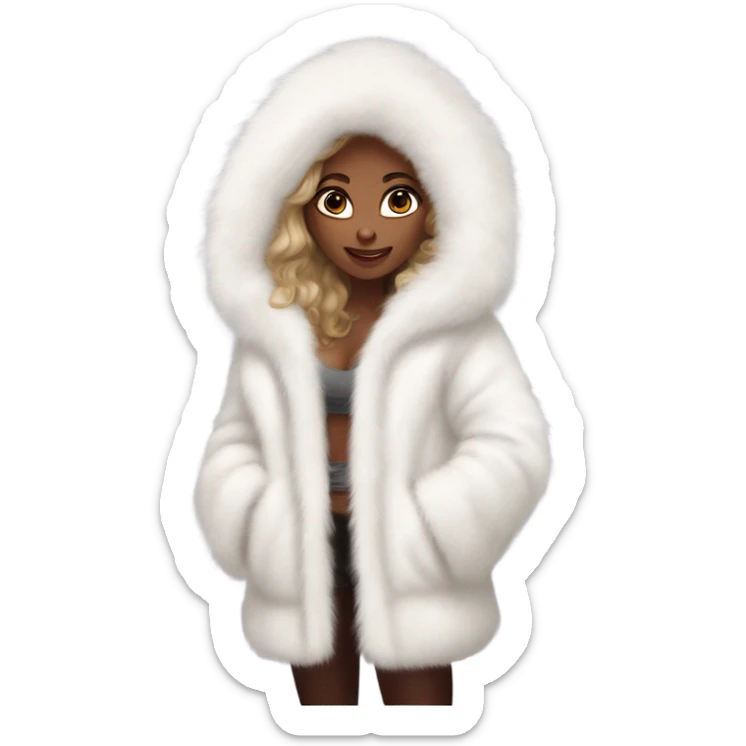 Tanned Girl with lashes ,  in an extremely big fluffy oversized white fur coat with hood on. The fur is real and it’s very obvious big and fluffy like in Pinterest  sticker