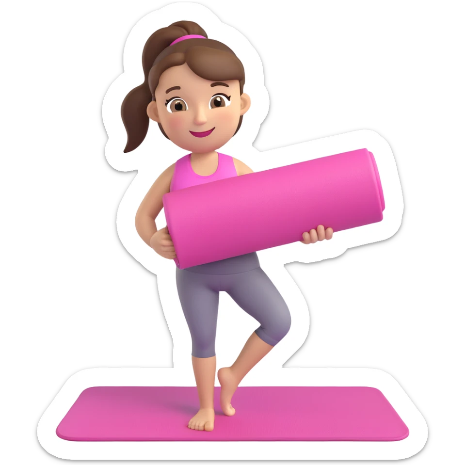 girly gym emoji with pink yoga mat, brunette hair in ponytail, smiling sticker