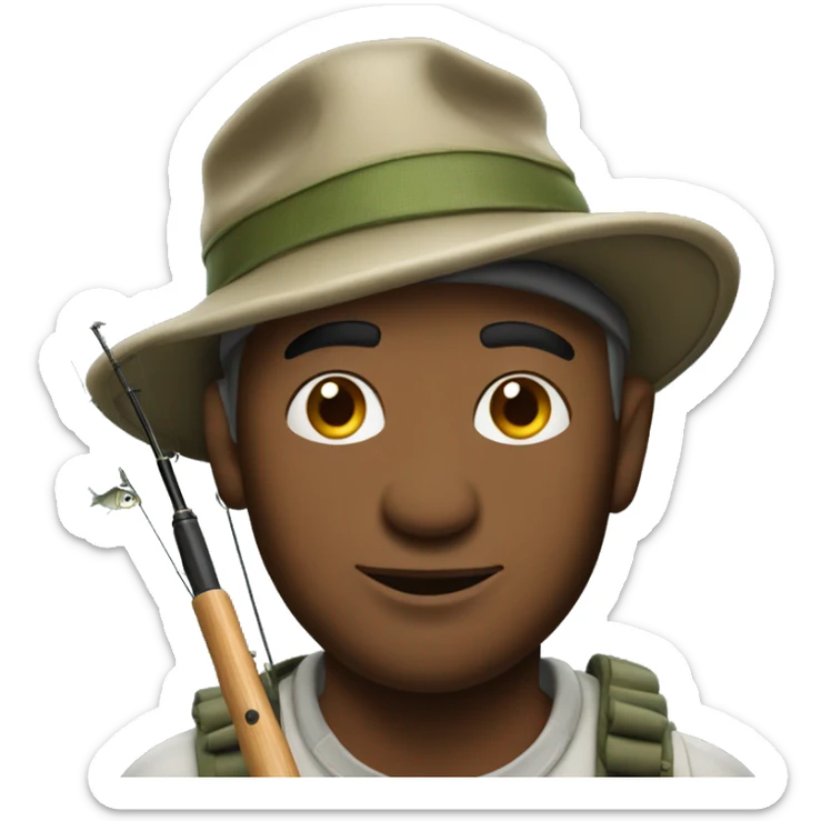 man wearing fishing hat holding fishing rod hooked with large fish sticker