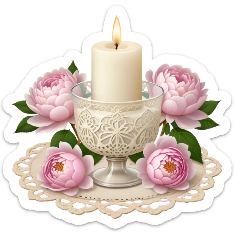 A small ivory wax candle in an ornate glass holder, placed on an antique lace doily, surrounded by loose soft pink rose petals, delicate white peonies, and blush dahlias, casting a warm, vintage glow.
 sticker