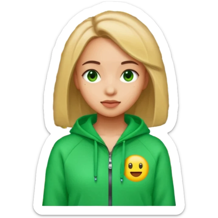 ​"A mosaic portrait of a girl in a green tracksuit, made of tiny emojis, digital art style, pixelated emoji textures, vibrant colors, creative composition." sticker