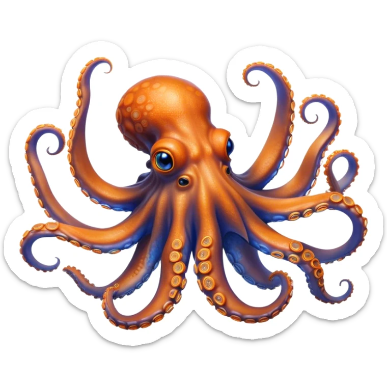 Cinematic Realistic Noble Octopus Portrait Emoji, Poised and majestic, with a sinuous, flowing body in vivid orange accented by intricately detailed blue rings, and intelligent, penetrating eyes that reflect ancient ocean lore; rendered with lifelike texture and natural iridescence, high shine, intelligent and formidable, styled with an aura of mystical marine power, focused and attentive, soft glowing outline, capturing the essence of a watchful and confident octopus that appears ready to glide out of the screen with timeless authority! sticker