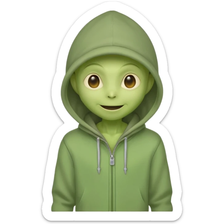 happy green alien in gray hoodie full height, wear hoodie hat sticker