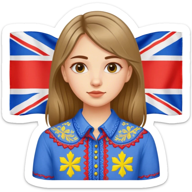 Ukrainian girl in an embroidered shirt against the background of the British flag sticker