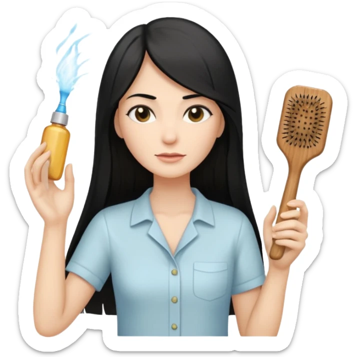 A white woman with long, straight black hair, wearing an ivory-colored shirt, holding a small square wooden paddle hairbrush in her left hand and spraying a hair mist bottle with her right hand toward her hair. sticker