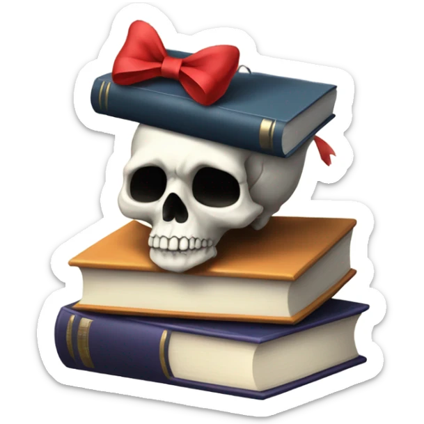 Skull with a bow on the top of the head on top of books  sticker