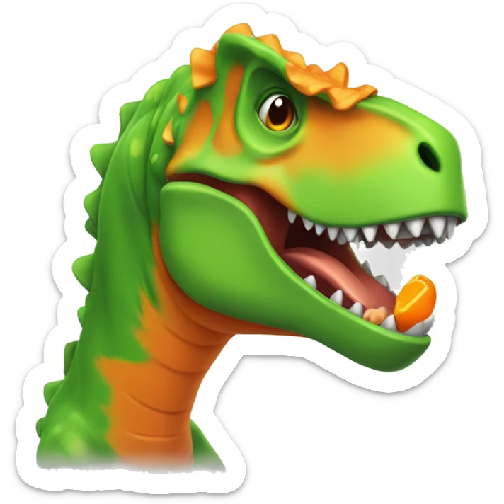 Bright green cartoon T-Rex, facing to the right, with an open mouth and orange frills along the back. The head, neck, and arms should be visible sticker