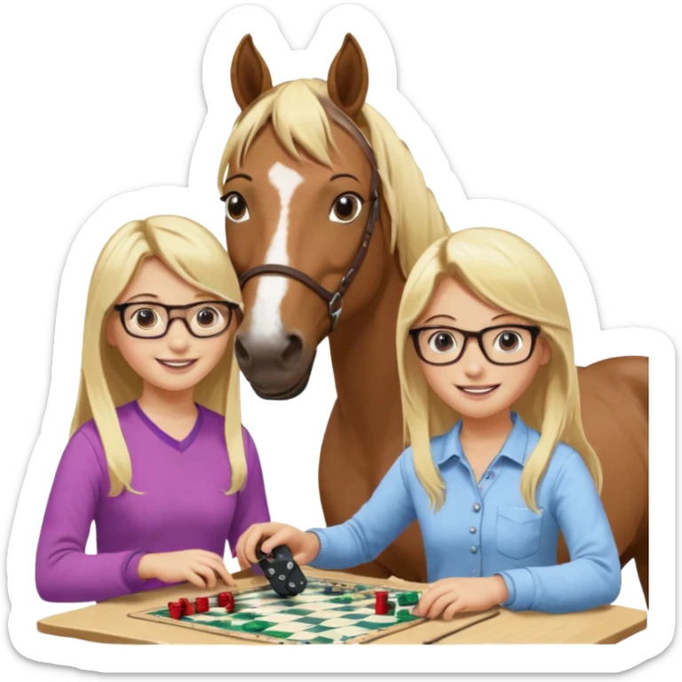 je voudrai un emoji d'une fille aux cheveux longs et blonds avec des lunettes qui fait plein de choses droles (1 avec un cheval, 1 derrière un écran ou une console, une entrain de découper, une entrain de faire un jeu de société, une qui cuisine, sticker
