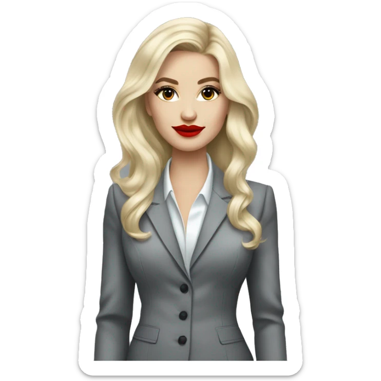 Russian Blonde long hair with red lips small nose and black eyes Tiffany diamond seller in a grey suit sticker