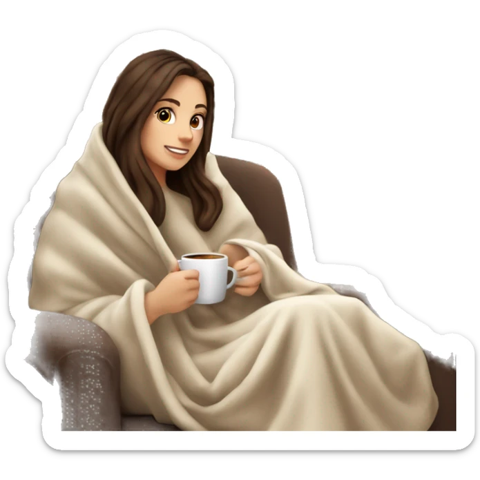 Brunette white girl covered in blanket autumn vibe sitting on a cozy chair holding coffee, window on the background sticker