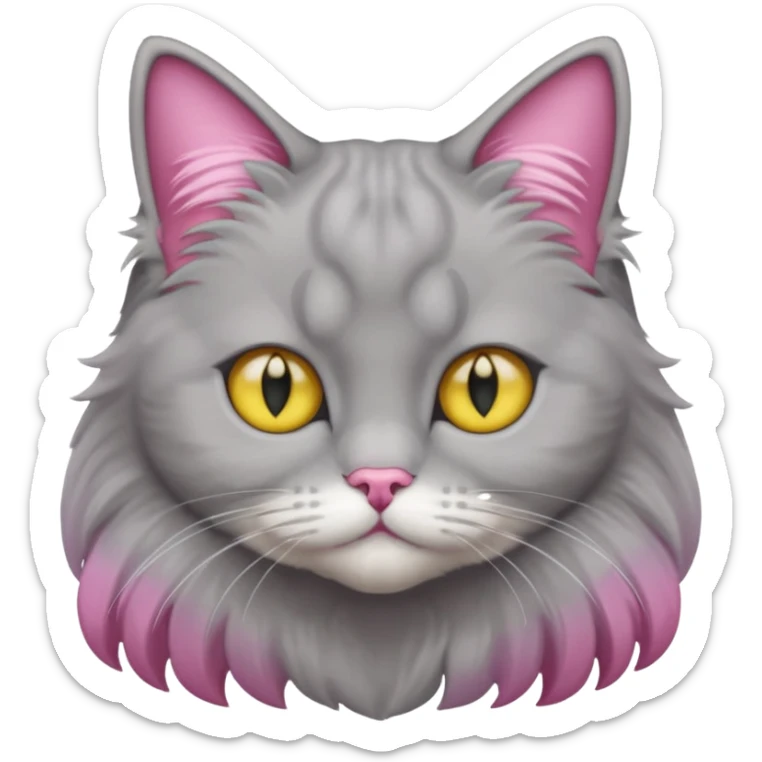 grey fluffy british long hair cat with yellow eyes straight fluffy hair rosa ears and grey rosa nose sticker