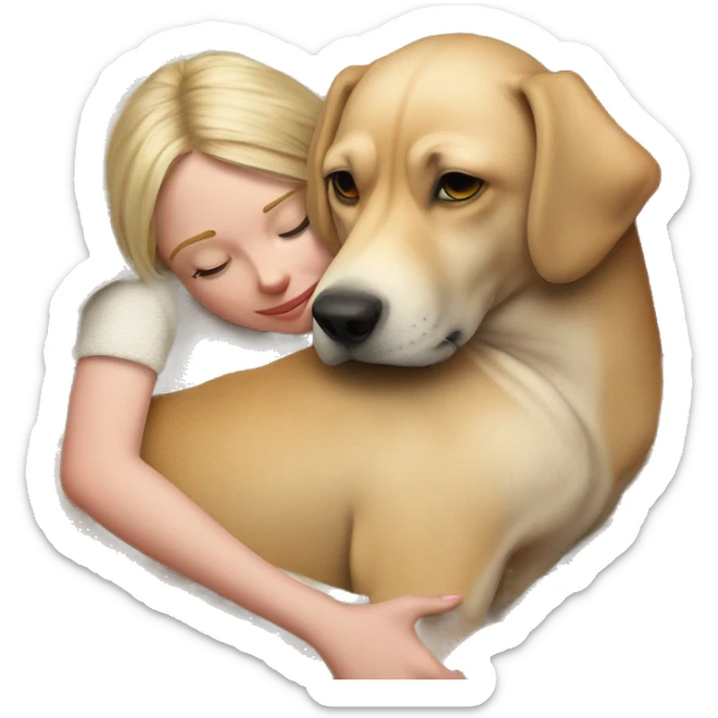 Dog laying on a knitted red blanket and he is snuggling. with a girl that’s blonde sticker