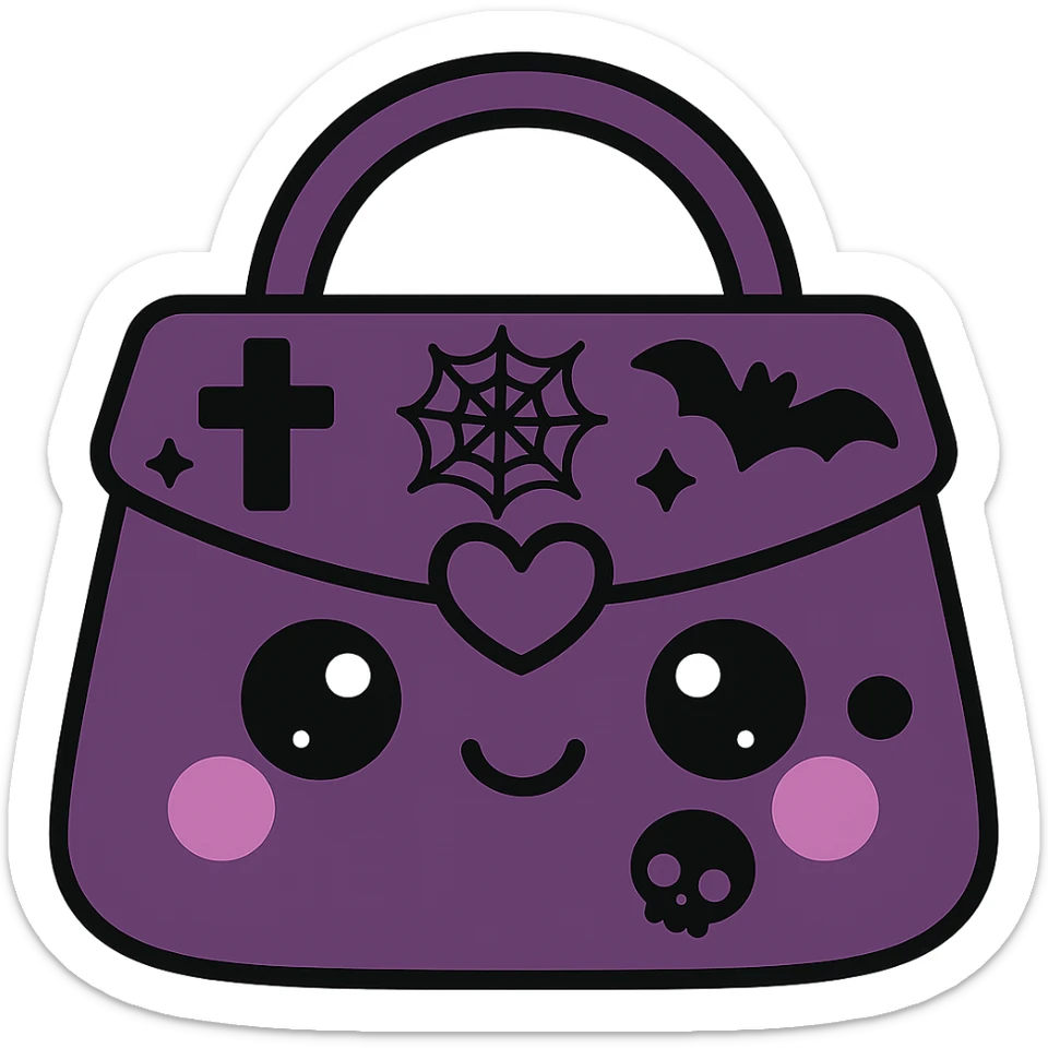 Change the color scheme to purple and black. Create a gothic kawaii purse with big eyes, smiling, cartoonish and playful style. Add gothic details like crosses, spiderwebs, bats, and skulls. Remove the background. sticker
