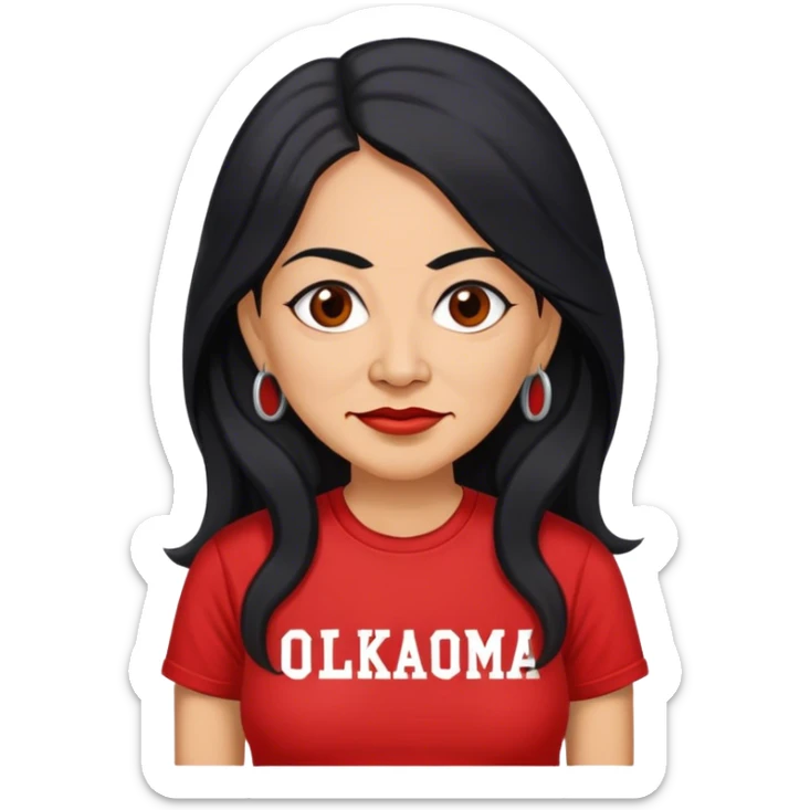Realistic 50 year old Mexican woman long hair in a red “OKLAHOMA” t-shirt sticker