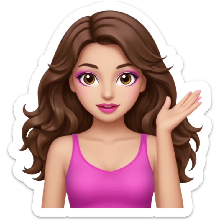 girl with long wavy brown hair, brown eyes, long lashes makeup, sexy pink lips, light to medium complexion, pink sexy top, dancing sticker