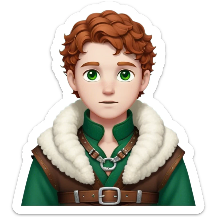 Medieval winter outfit worn by a DnD themed fantasy male character. Rich brown leather-trimmed wool tunic with sheepskin lining, featuring intricate metal buckles at the collar, paired with a heavy braided belt. Clothes only above the waist, full waist coverage. The character has no arms. Character is white-skinned with auburn hair, emerald green eyes, and short curly hair beneath a light dusting of snow. sticker