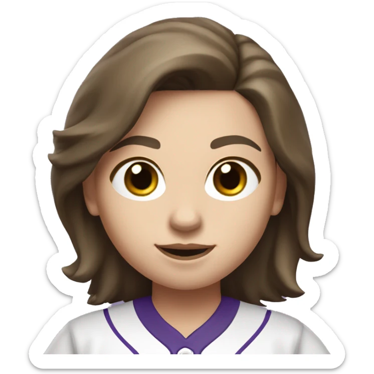 baseball card character. white female. shoulder length brunette hair. letter C logo. Purple and white uniform.  sticker