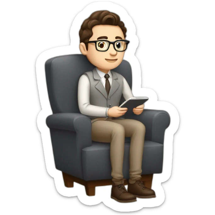 Pale skinned Fit Man With dark brown hair in gray jacket, beige office shirt, Brown pants and vintage glasses sitting In a soft chair with a notebook on spring with emblem Ψ and a pen sticker