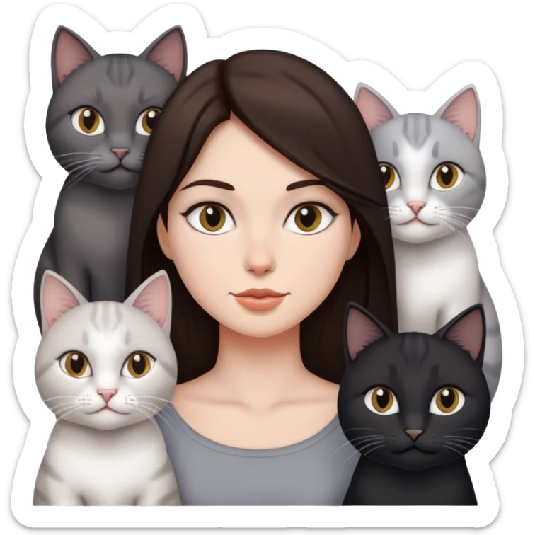 brunette woman with four cat, one is black one is full white the other two is full gray cats sticker
