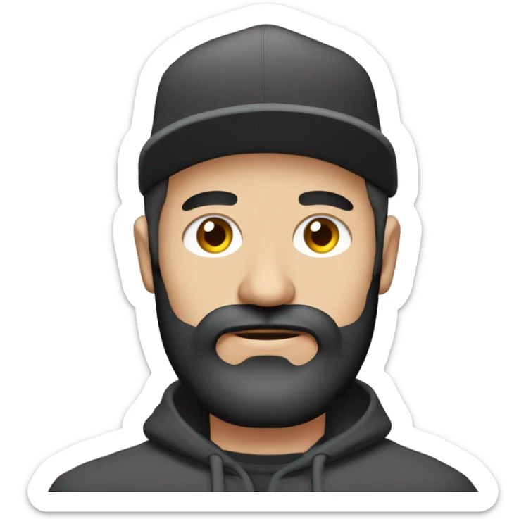 Hombre de ojos claros, con barba fina y perilla, gorra negra bordada, y sudadera gris. Expresión relajada y estilo urbano. sticker