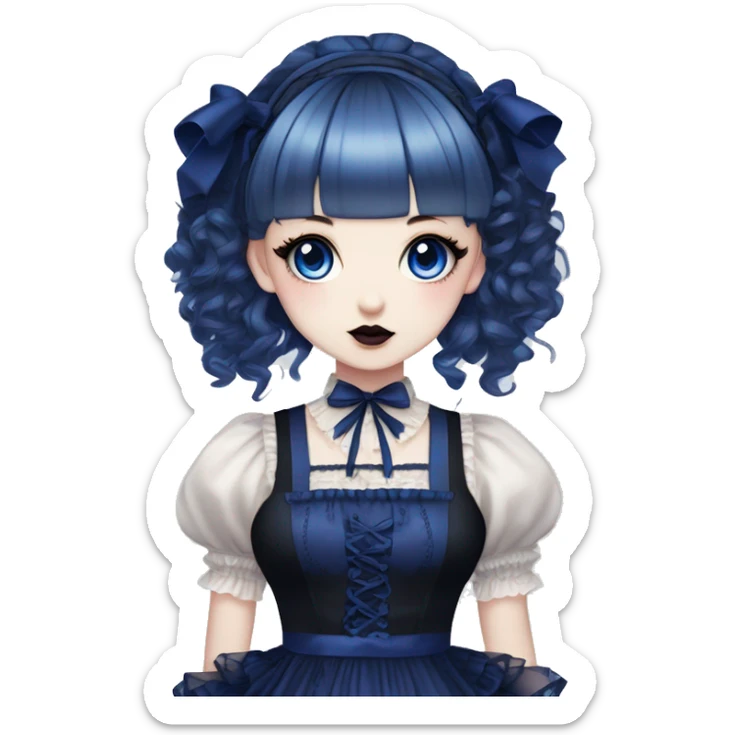 Japanese pale woman with Dark Blue curly pigtails and bangs, royal blue lips and eyeshadow, long eyelashes, blue eyes, black Lolita dress with laces and ribbons, gothic Lolita doll look sticker