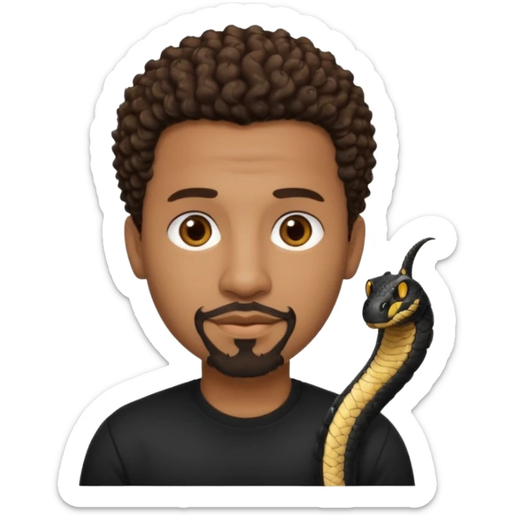 Homme noir, yeux marron avec un bouc menton, cheveux court et bouclé crépus avec un dégradé sur le côté, avec un cobra à côté , t-shirt noir  sticker