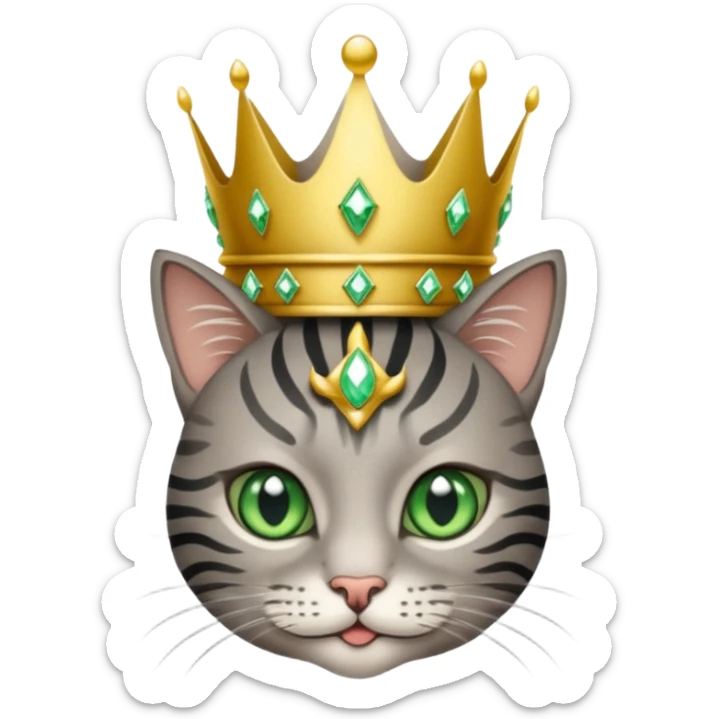 Gatito gris con rayas negras ojos verdes vestida de reina con coronas y diamantes sticker