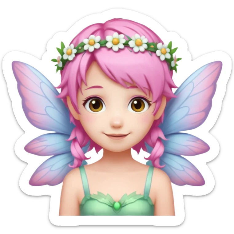 A tiny pastel fairy with pink hair with glowing wings and a sweet smile and tiny flower crown
 sticker