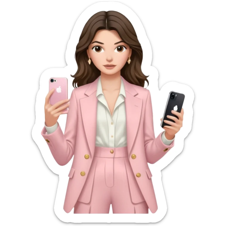 pale skin Kendall Jenner with dark blonde wavy long Hair, light pink Spacious classical jacket, light pink palazzo Arrow pants and white blouse holding white IPhone 15 pro in the hands sticker