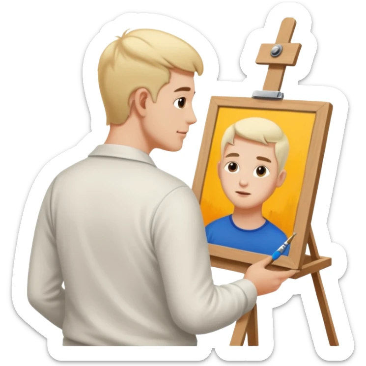 the white artist stands with his back to the painting, painting a portrait sticker