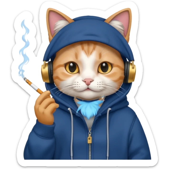 cat in headphones, in a dark-blue oversized hoodie with a cigarette in his hand  sticker