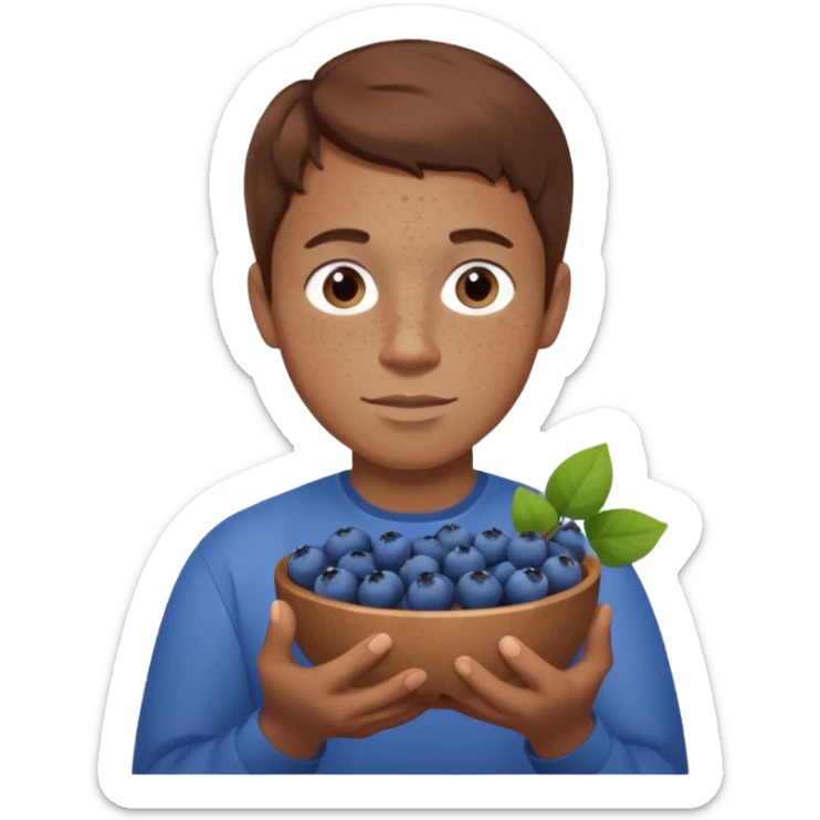 Man with brown hair and light skin with freckles, holding blueberries sticker