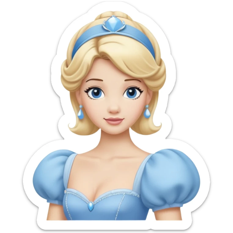 Cinderella from hips up, iconic powder blue ballgown with puffed sleeves, blonde hair with blue headband, minimal style but very recognizable sticker