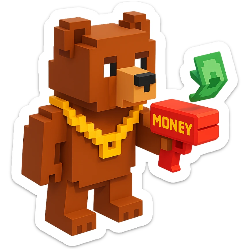 A grizzly bear with a chain and a money gun, voxel style, facing right sticker