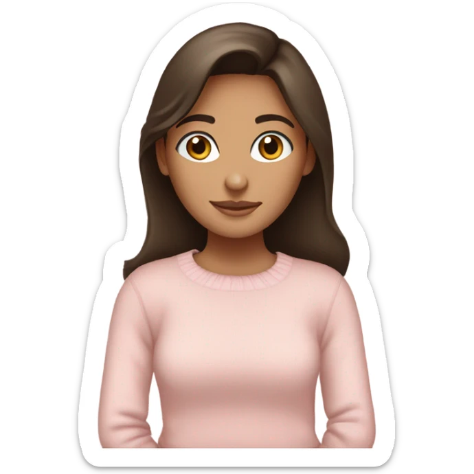 Pretty brown eyed brunette girl with light pink sweater reading cozy sticker