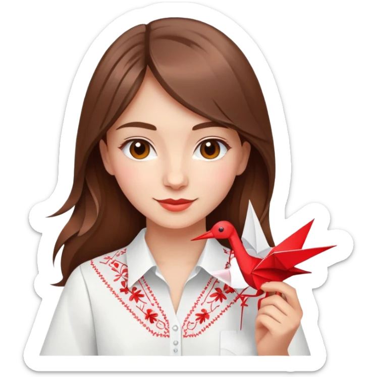 Happy Ukrainian young girl with brown hair in a white embroidered shirt holds an origami red crane sticker