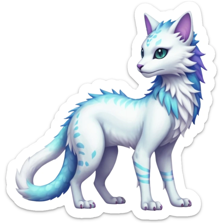Kawaii white iridescent beautiful pretty elegant divine edgy fantasy feline-vernid-fionbri-protogen-sergal-fursona animal creature with a tufted tail full body with intricate markings  sticker