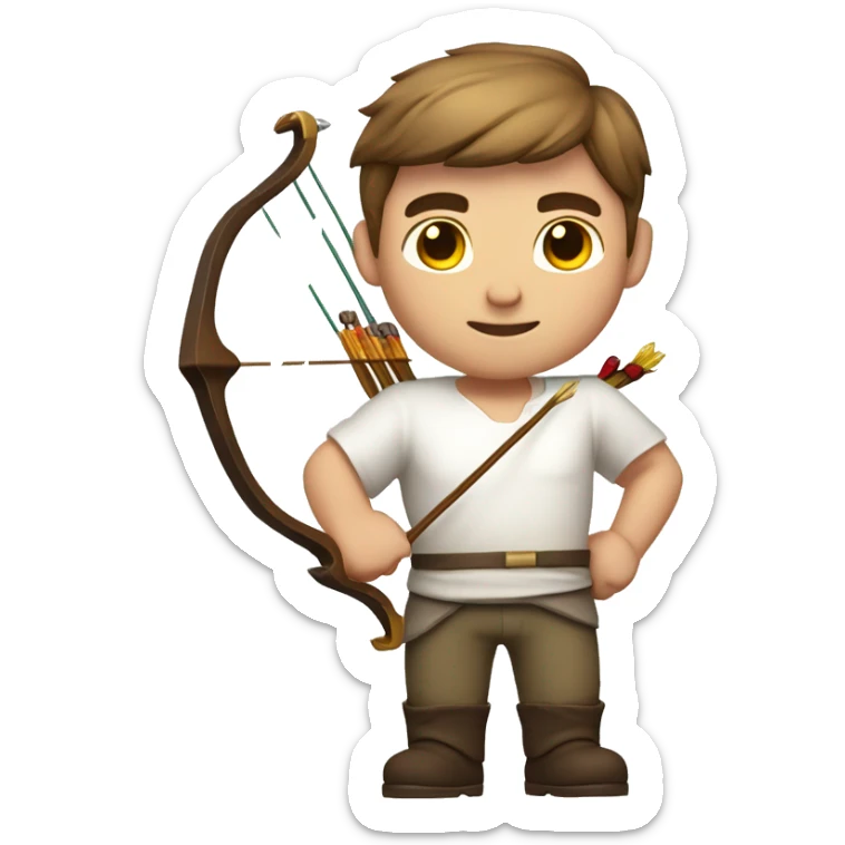 a male archer holding a bow, wearing a white shirt, very short brown hair, bright skin, only show upper part of the body from waist up sticker