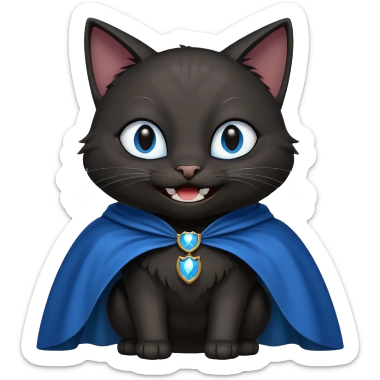 an all black anthropomorphic cat with blue eyes wears an all black cape and is smiling a mischievous sharp tooth grin sticker