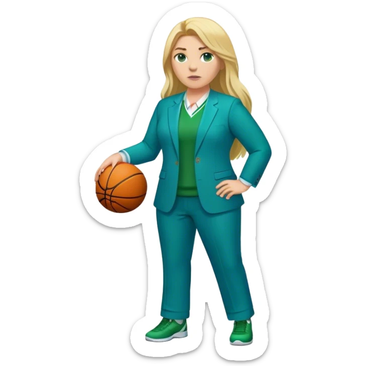 Full Body white plus size female basketball head coach with long blonde hair in a blue and green suit sticker
