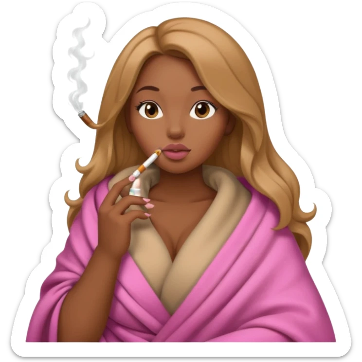 Curvy, light brown long hair, pretty black girl light pink lipgloss smoking wrapped in blanket sticker