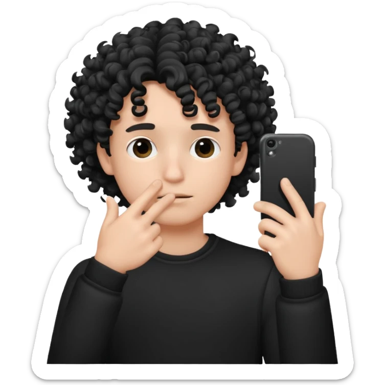 A circular black and white emoji in which a boy is hiding his face with his fingers white taking the selfie and his hair are curly sticker