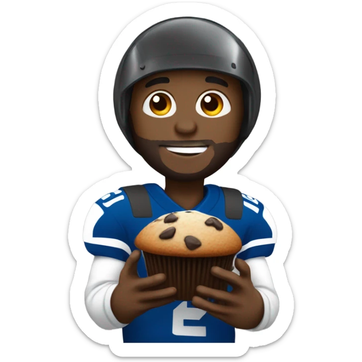 Black man with beard with Colts football helmet eating a chocolate chip muffin sticker