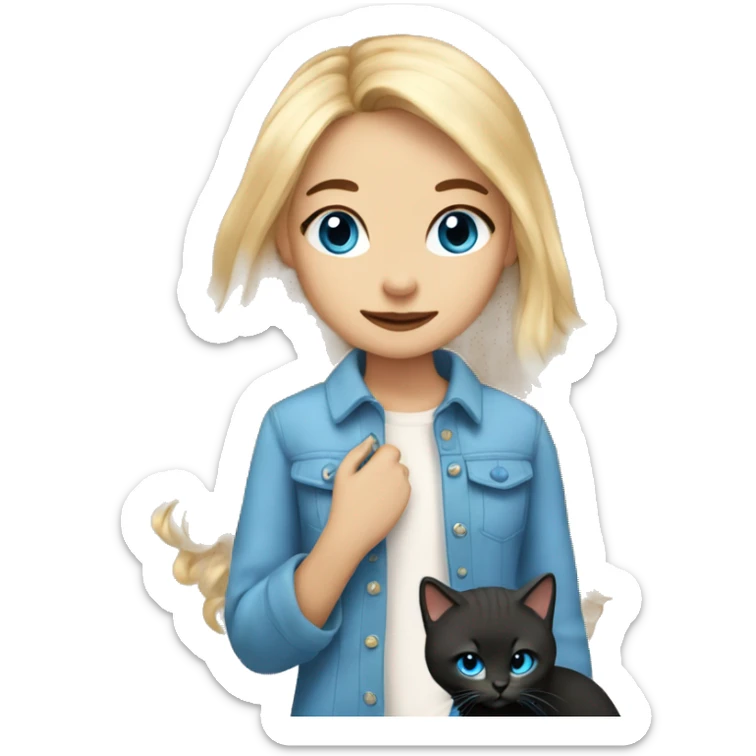 Blondir girl with blue eyes and middle long hair and she has in hand little black kitty with long cat hair  sticker