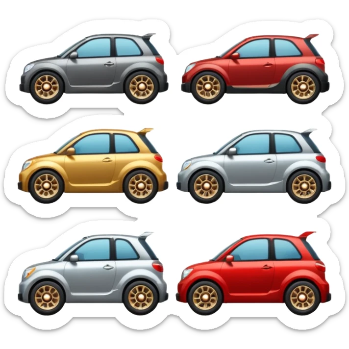Emoji-style car membership badges: silver wheel, bronze exhaust, red rims, black spoiler, gold wheel — in progression." sticker