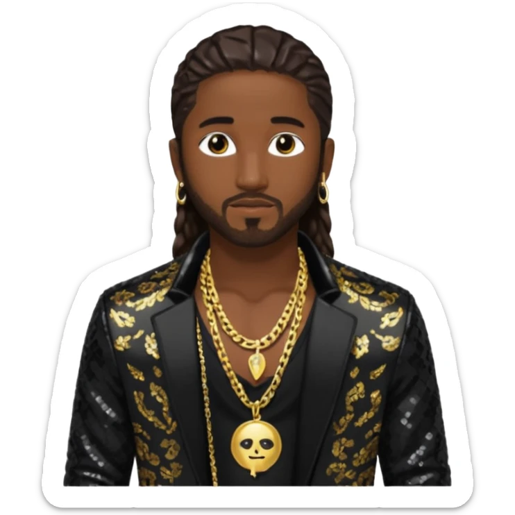 Omarion with long dark brown hair, black sequin jacket, shirtless with necklace sticker