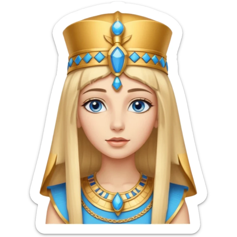 Cleopatra vestita da faraone con il cappello da faraone ma con gli occhi azzurri e i capelli lunghi biondi non troppo chiari con il cappello da faraone dorato senza frangia capelli medio lunghi   sticker