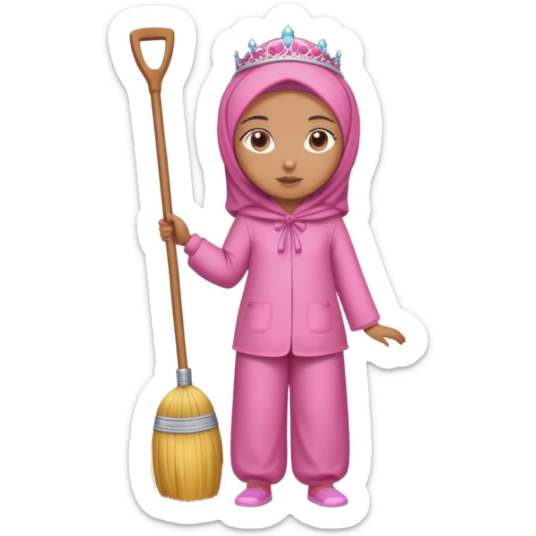 Full body girl caramel skin wearing pink hijab a pyjama set and a tiara on top of her head she is standing holding a broom sticker