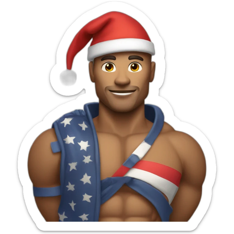 Create a full-body emoji of a muscular man, wearing a New Year's hat and holding a flag. sticker