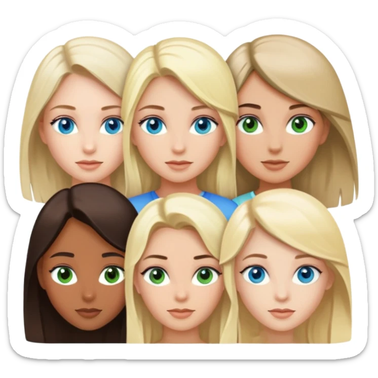 4 girls, one is blonde with blue eyes, 2 nd is brunette with green eyes, 3 is also brunette with blue eyes and 4 is blonde witch grey eyes  sticker